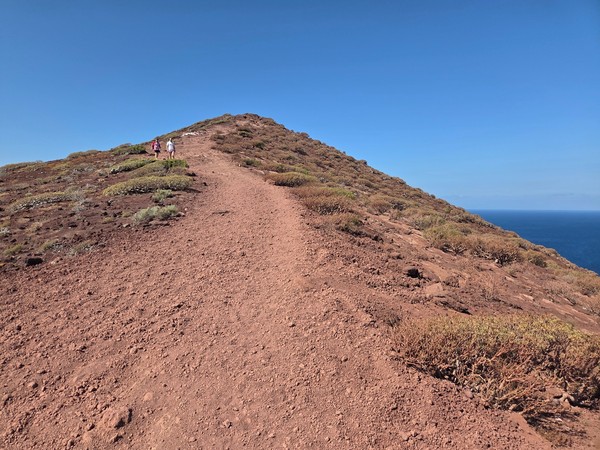 Rötlicher Hang der Montaña Roja mit lockerem Vulkansand und kleinen Büschen im Wind.