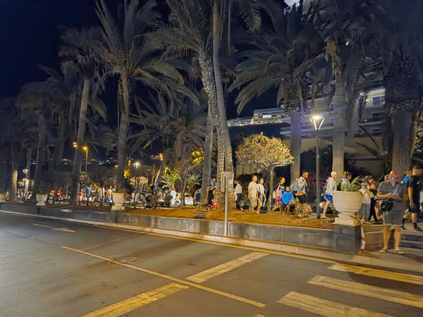 Besucher spazieren durch die beleuchtete Palmenpromenade bei Nacht.